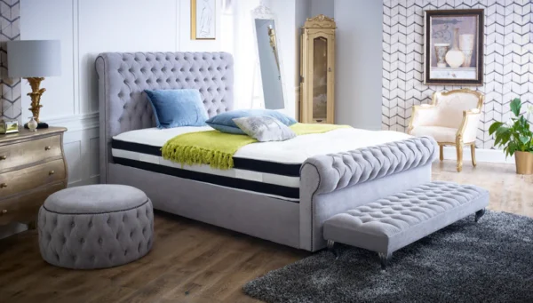 Quebec Soft Velvet Chesterfield Sleigh Scroll Bed Frame